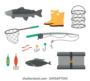 Set of equipment for fishing. Vector illustration of Fishing elements and fish and other devices for sport fishing.