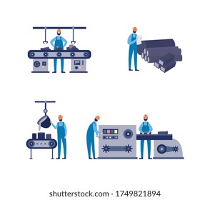 Set of equipment for foundry factory with workers, flat vector illustration isolated on white background. Metallurgy industrial facilities and machine tools.