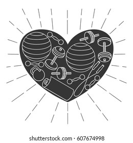 Set of equipment for gym. Black and white outline icons of  equipment for fitness workout in frame of heart.