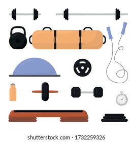 Set of equipment for the gym. Fitness and bodybuilding. Colored icons in flock style. Stock vector illustration isolated on white background.