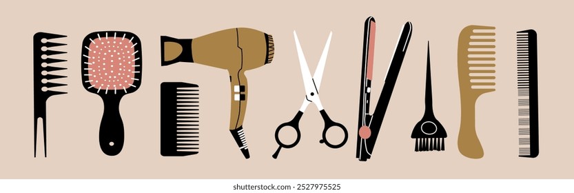 Conjunto de equipos para una peluquería. Colección de herramientas para cortar y peinar el cabello. Secador de pelo, cepillo de pelo, tijeras y herramientas profesionales para barbería. Dibujado a mano Ilustración vectorial en la luz bac