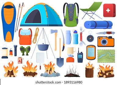 A set of equipment for hiking. Recreation. tent, sleeping bag, ax, navigation, bonfire, cauldron, backpack. Different types of fires. Extreme sports. Vector illustration