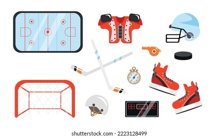 Set von Ausrüstung für Hockeyspieler im Cartoon-Stil. Vektorgrafik von Stock, Helm, Rüstung, Skaten, Puck, Tor, Eisarena, Pfeife, Stoppuhr, Anzeigetafel auf weißem Hintergrund.