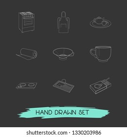 Set of equipment icons line style symbols with gas burner, apron, kitchen paper and other icons for your web mobile app logo design.