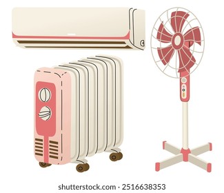 Set of equipment for indoor climate control. Floor fan, air conditioner and heater. Cooling and heating of indoor air. Salvation in hot weather and frost. Vector illustration 