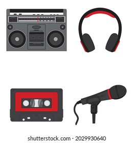 Set of equipment for listening to music, tape recorder headphones microphone cassette.