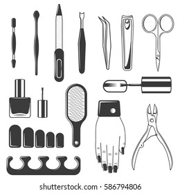 Set of equipment manicure and pedicure monochrome icons, design elements isolated on white background. Beauty and fashion symbols. Design elements for logo, label, emblem.