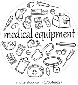 set equipment medical graphics objects treatment doctor pills stethoscope isolate vector illustration sketch outline stroke poster banner