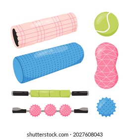 Set of equipment for myofascial release training. Foam roller, tennis ball, spiky trigger point ball, duo ball for neck, massage stick. Vector illustration.