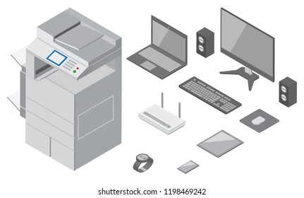SET IT equipment in the office, notebook, mouse, keyboard, printer, tablet, smartphone, wrist watch, router, monitor. Vector illustration isometric flat design.