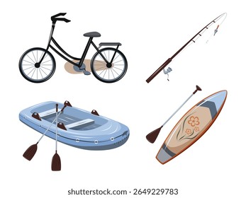 Conjunto de equipamentos para atividades ao ar livre. Vara de pesca, barco inflável, bicicleta e suporte. Ciclismo, pesca e água esporte e hobbies ferramentas. Vetor no fundo branco.