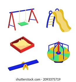 Un conjunto de equipamientos para una zona de juegos infantil en el parque. Diapositiva, oscilación, carrusel, arenero. Vector aislado en fondo blanco