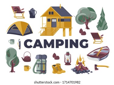 Set of equipment and plants objects for camping and active rest isolated white backgound