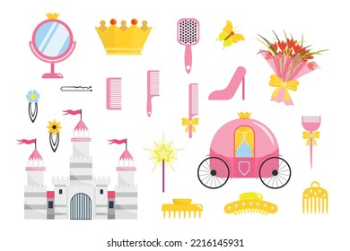Set of equipment princesses in cartoon style. Vector illustration of crown, carriage, castle, bouquet of flowers, pocket mirror, combs, hairpins, magic wand on white background.