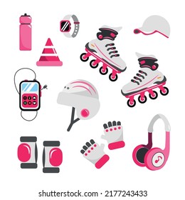 Set of equipment for roller skating in cartoon style. Vector illustration of roller skates, helmet, gloves, cap, headphones, player, electronic watch, knee pads, cone, bottle on white background.