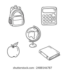 Set of equipment for school: backpack, calculator, apple for lunch, closed book, white chalk board and globe sphere in black. Hand drawn vector sketch illustration in doodle engraved vintage line art.