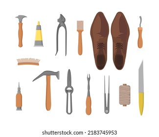 Set of equipment shoemaker in cartoon style. Vector illustration of wreaths with shoes, brushes, brushes, hammer, pliers, thread, knife, superglue, tweezers on white background.