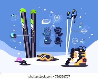 Set of equipment for skiing. Boots and gloves, mask and skis. Vector illustration