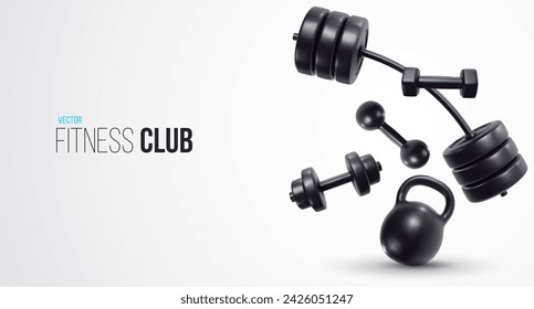 Set equipment for sport or fitness in realistic 3d style. Barbell, kettlebell, dumbbell. Beautiful modern minimal background. Vector illustration.