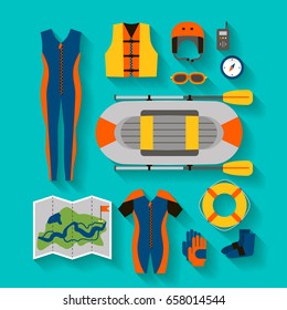 Set of equipment for sports and outdoor activities flat design. Boat, clothes, compass and map for rafting. For website, print and advertising, vector illustration