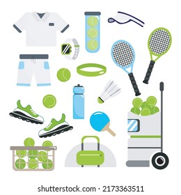Set of equipment for a tennis player in cartoon style. Vector illustration of T-shirt, shorts, cap, tennis ball, racket, electronic watch, shuttlecock on white background.