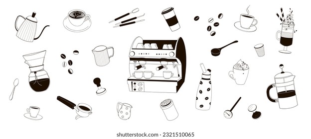 establecer herramientas de equipo para barista y hacer ilustración de vector de café en blanco y negro