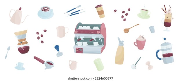 set equipment tools for barista and making coffee color  vector illustration