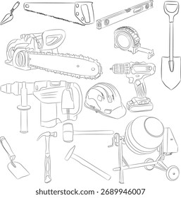 Set of equipment and tools for construction and repair, hammer, saw, concrete mixer, chainsaw, helmet, level, hammer, trowel, screwdriver, drill, tape measure, sledgehammer