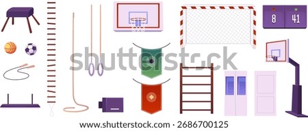 A set of equipment, tools for a school gym, gate, ball, rings, rope, door, horse, scoreboard. Interior of the room. Sports, active recreation. Vector illustration. Flat style. Isolated background.