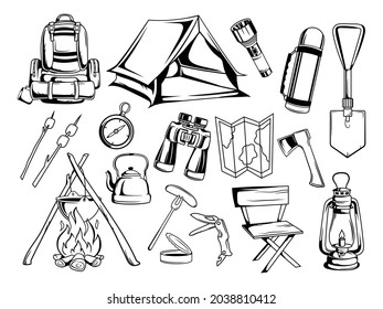 Set of equipment for tourism. Collection of  camp tools tent, bonfire, firewood, knife, chair etc. Campsite by nature. Design of summer recreation. Vector illustration on white background.