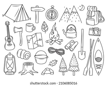 Set of equipment for tourism. Collection of  camp tools tent, bonfire, firewood, knife, chair etc. Campsite by nature. Design of summer recreation. Vector illustration on white background.
