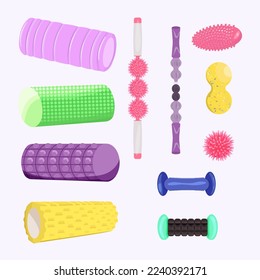 A set of equipment for training myofascial release, self-massage. Smooth, soft, hard, ribbed massage rolls. Regular and double balls. Massager Bar 
Vector illustration.
