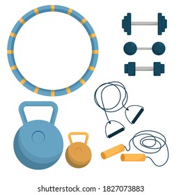 Set of equipment for training, workout Hula hoop, expander, dumbbell isolated on white background. Object fot activity, aerobic.