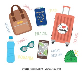 Set von Ausrüstung für Reiseländer im Cartoon-Stil. Vektorgrafik verschiedener Objekte für Reisen in die Welt: Koffer, Pass, Rucksack, Wasser, Geld, Telefon mit Karte, Brille.