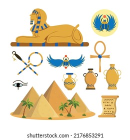 Set of equipment for vacationers in Egypt in cartoon style. Vector illustration of pyramids, sphinx, papyrus, vase, scarab beetle symbol, eye of Horus, ankh, scepter and flail on white background.