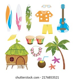 Set of equipment for vacationers in Hawaii in cartoon style. Vector illustration of Hawaiian house, palm trees, shells, coconut cocktail, starfish, drums, guitar, shirt, glasses on white background.