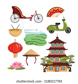 Set of equipment vietnam in cartoon style. Vector illustration of bicycle, moped, fan, noodles, tower, tea plantations, lilies, lanterns, Asian hat on white background.