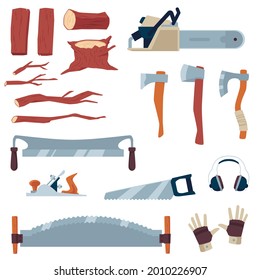 Set of equipment for woodworkers lumberjack. Hand tools for wood processing and carpentry works. Flat cartoon vector illustrations isolated on white