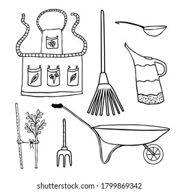 Set equipment for work in the garden. Watering can, garden cart, rake, plant with support, apron, ladle, fork. Vector outlines elements for design. 