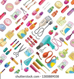 A set of equipments for a beauty shop. Cartoon. Caricature.
