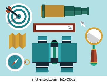 Set of equipments for search. Flat style design - vector illustration