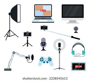 Set of Equipments for streamers and blogger isolated on white background.