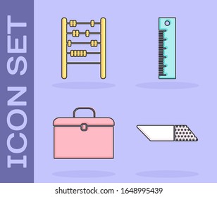 Set Eraser or rubber, Abacus, Briefcase and Ruler icon. Vector