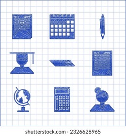 Set Eraser or rubber, Calculator, Teacher, Exam sheet with check mark, Earth globe, Graduate and graduation cap, Pen and paper incorrect answers survey icon. Vector