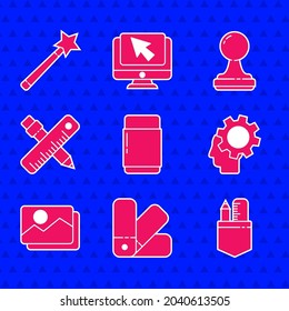 Set Eraser or rubber, Color palette guide, Crossed ruler and pencil, Human head with gear inside, Picture landscape, Stamp and Magic wand icon. Vector