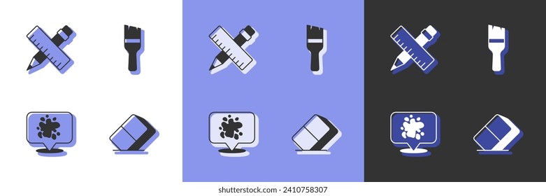 Set Eraser or rubber, Crossed ruler and pencil, Paint spray and brush icon. Vector