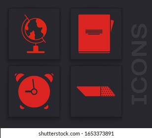 Set Eraser or rubber, Earth globe, Notebook and Alarm clock icon. Vector