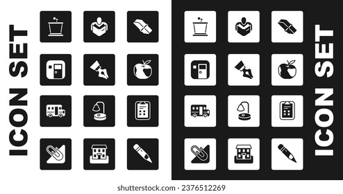 Set Eraser or rubber, Fountain pen nib, School classroom, Stage stand, Apple, Man reading book, Exam sheet with check mark and Bus icon. Vector