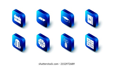 Ponga Borrador o caucho, gorro de graduación, cuaderno de espiral, calculadora, tijeras, baloncesto, mochila escolar e icono. Vector