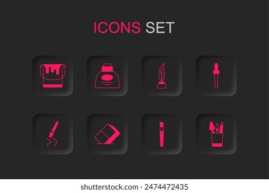 Set Eraser or rubber, Inkwell, Paint bucket, brush, Eyedropper color picker palette, Pencil case stationery, Feather and inkwell and  icon. Vector